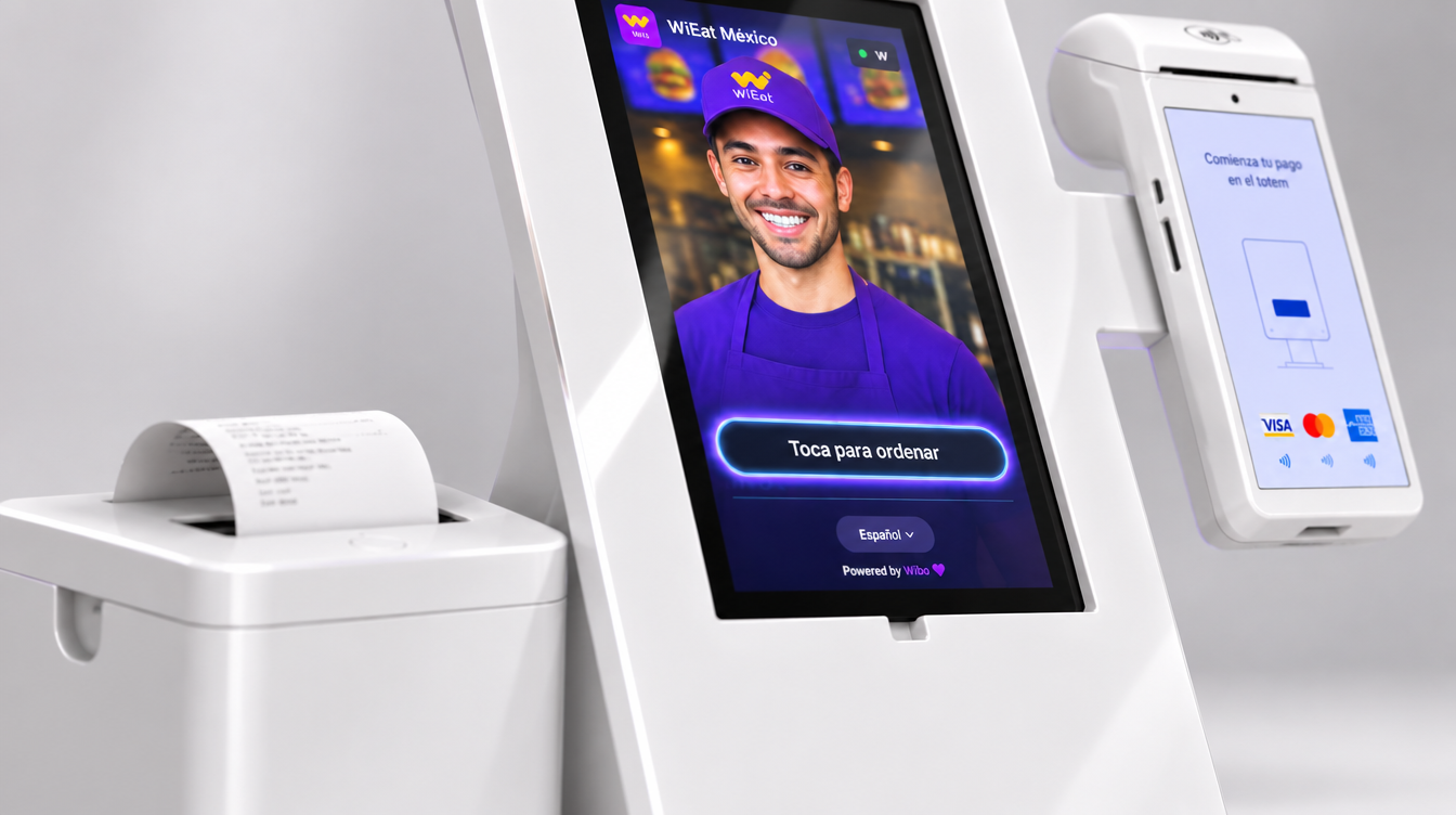 Detalle del kiosco Wibo blanco con pantalla, impresora de tickets y terminal de pago
