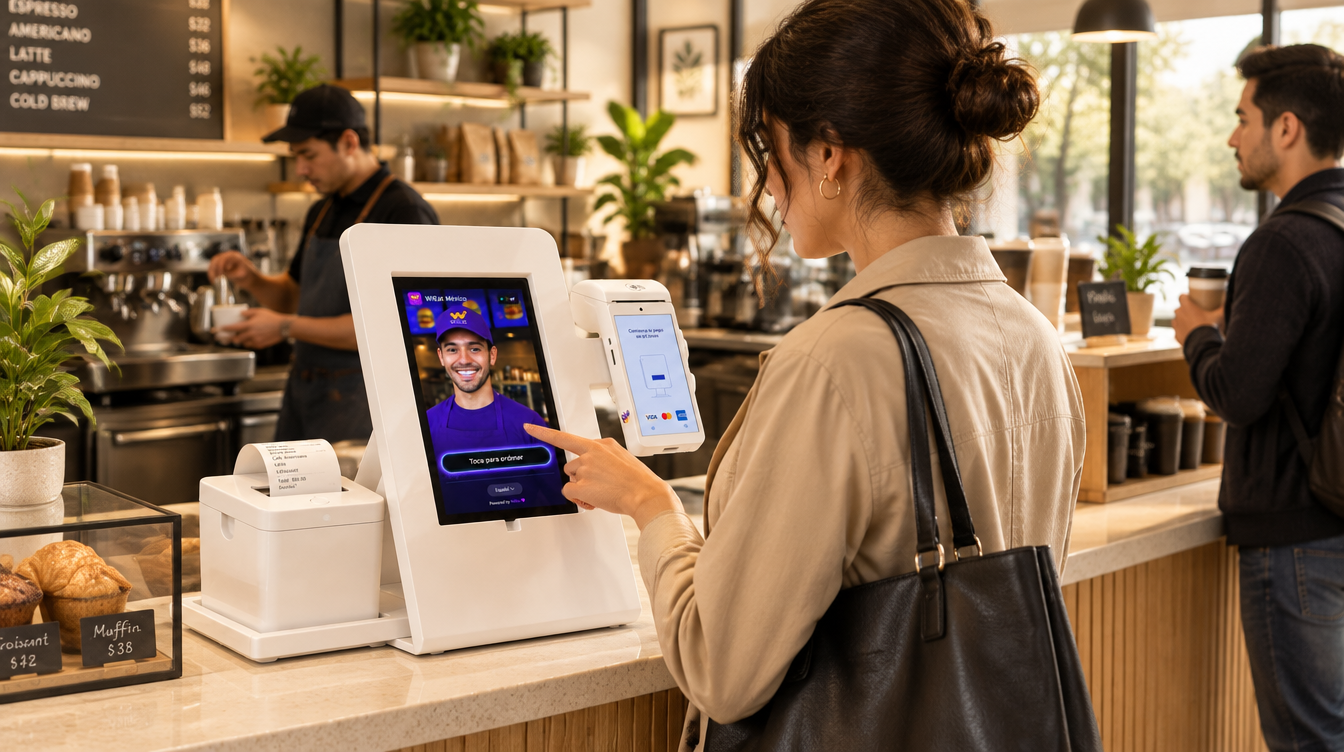 Clienta ordenando en el kiosco Wibo blanco sobre la barra de una cafetería
