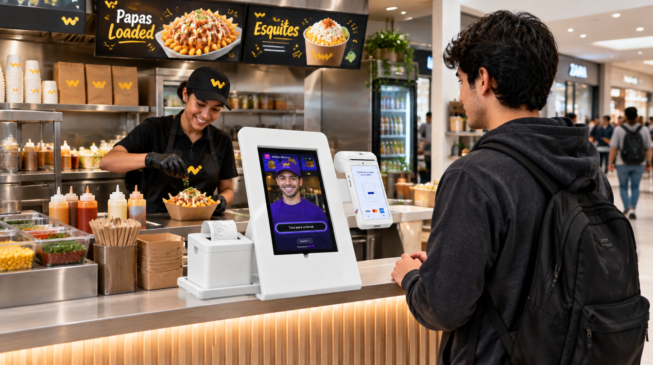Cliente pidiendo en el kiosco Wibo blanco en un puesto de papas loaded y esquites