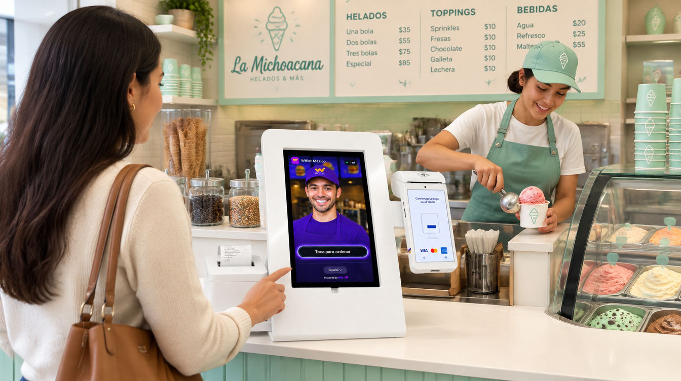 Clienta pidiendo en el kiosco Wibo blanco mientras la empleada sirve helado en la vitrina
