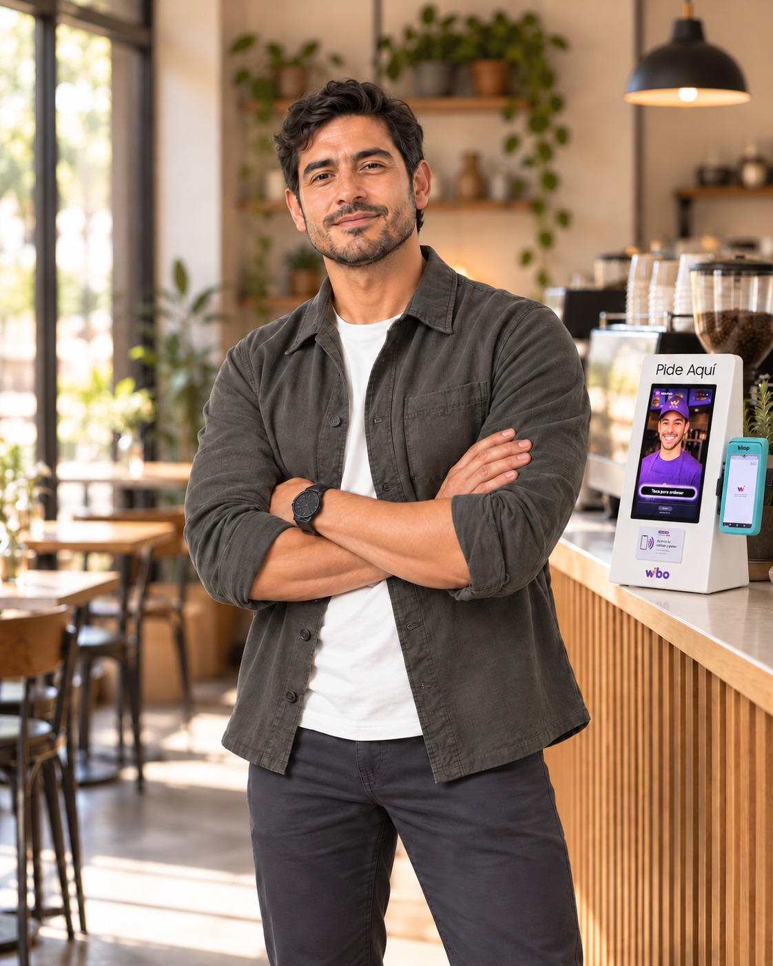 Diego, dueño de una cafetería, de pie junto a su barra con el kiosco de autoservicio Wibo a su lado