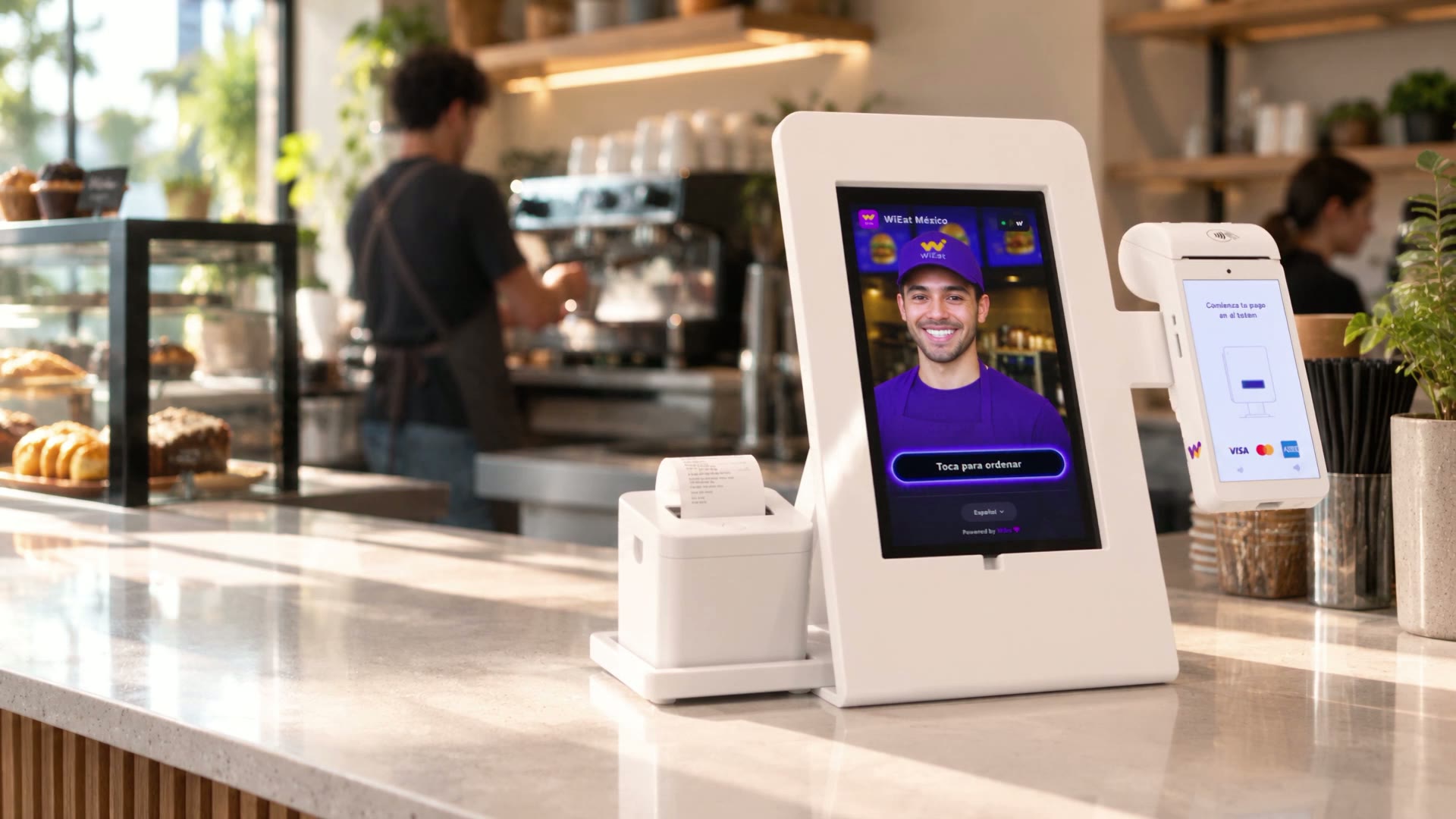Comercial del kiosco Wibo Mini 500: pantalla Toca para ordenar, Loyalty Tap y terminal de pago